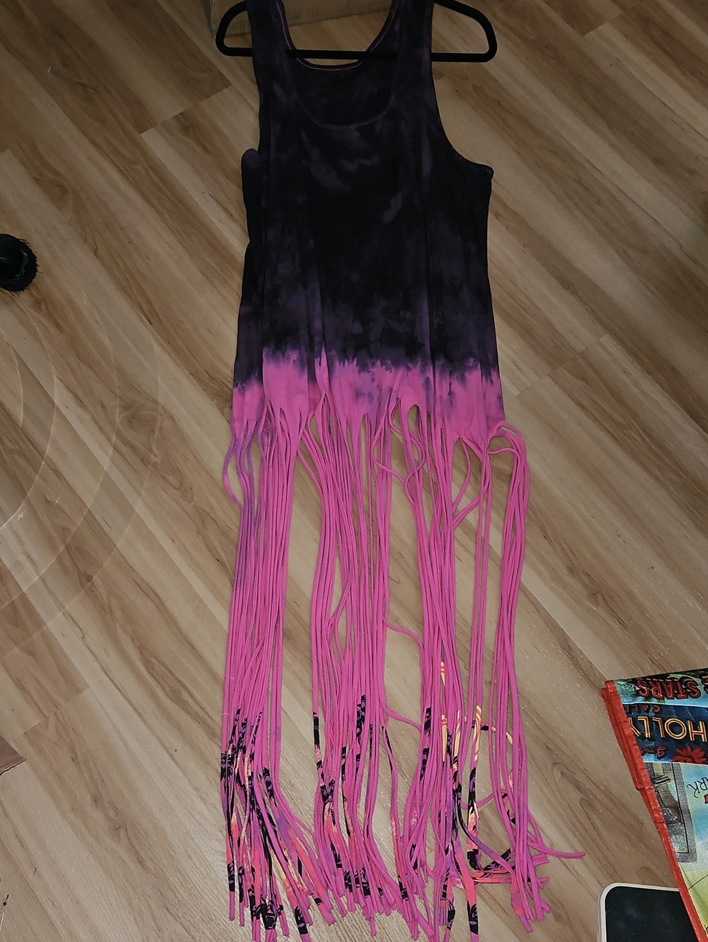 Black and Hot Pink Tie-Dye Fringe Tank Dress